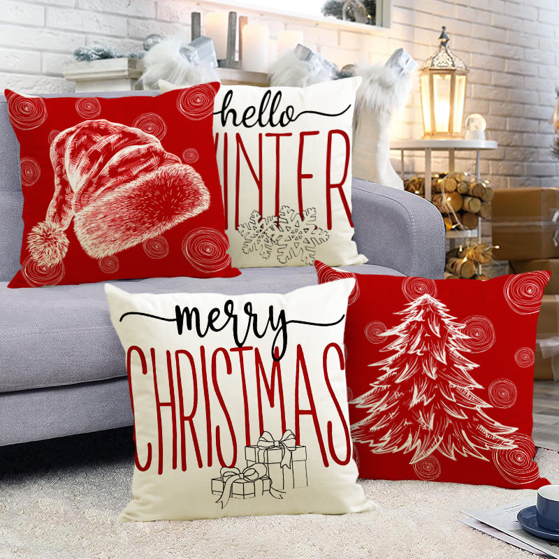 Christmas hat pillowcase linen Christmas tree letter print pillowcase holiday